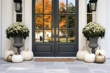 Luxurious Home Details - Door With Autumn Decoration With Pumpkins, Wheat And Flowers. Halloween And Autumn Arrangements On House Entrance And Exterior.