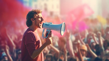 A Protester Speaking Through A Megaphone To Address A Large Crowd