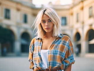 Wall Mural - Portrait of beautiful cute blond teenager model in summer hipster clothes posing on the street