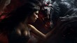 Dark fantasy illustration of a werewolf and a woman, forbidden love