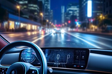 Modern smart car technology intelligent system using Heads up display (HUD) Autonomous self driving mode vehicle on city road with graphic sensor radar signal system intelligent car.