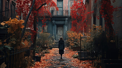 Poster - A woman stands in front of a house and autumn leaves lie on the street