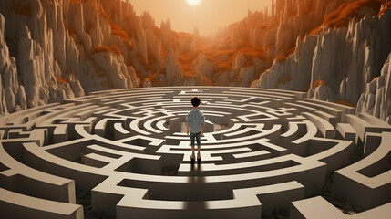 Child is facing a surreal complicated labyrinth ahead of him, concept of a life path