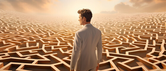 Young man facing a surreal complicated labyrinth ahead of him, concept of a life path