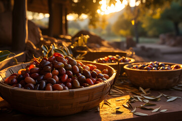 Wall Mural - Rustic, sun-kissed olive orchard with baskets brimming with freshly harvested olives ready for pressing.