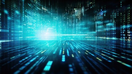 An abstract digital background with binary code and AI algorithms running in the background.