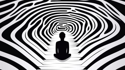 Wall Mural - Escape or finding a way or destiny or solving life problems psychologic concept with human silhouette man trapped in a labyrinth. Not finding the exit depression in mental health. Banner, posters