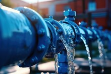Closeup New Blue Taps With Valve For Drinking Water Pipeline, Banner Industry Waterworks