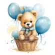 A watercolor baby teddy bear is sitting in the basket with blue and gold balloons.