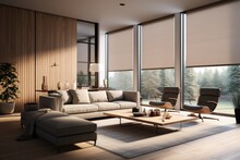 Modern interior with large roller blinds automatic solar and blackout shades