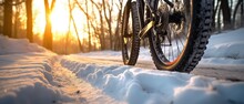  Low Angle View To Bicycle Tires Winter Snow 