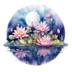 Floral Moon and Water Lilies on a white background.