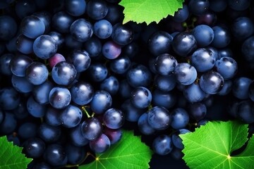 Flat lay background of vines, lots of organic blue dark grapes.