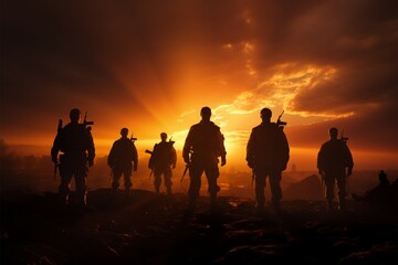 Wall Mural - Sun kissed silhouettes of warriors stand strong on the battlefield