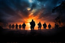 The Potent Backdrop Amplifies The Resolute Aura Of Soldiers Silhouettes