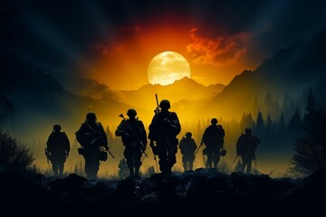 Wall Mural - The Quiet Warriors Soldiers silhouettes tell stories of combats bravery