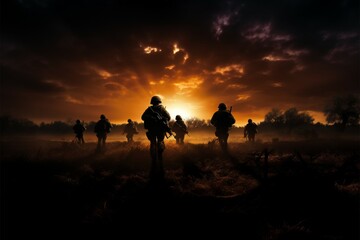 Wall Mural - A fields horizon embraces soldiers striking silhouettes at dusk