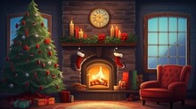 Illustration of a Christmas fireplace in the interior. New Year's atmosphere at home. Festive interior with Christmas tree.