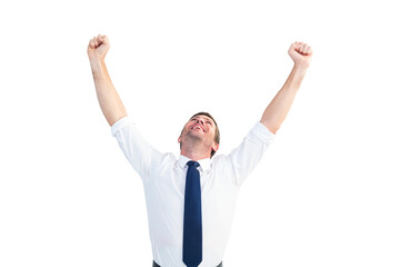 Sticker - Digital png photo of happy caucasian businessman raising arms and laughing on transparent background