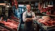 Young man standing in front of shelves with raw meat. Female butcher working in modern meathsop