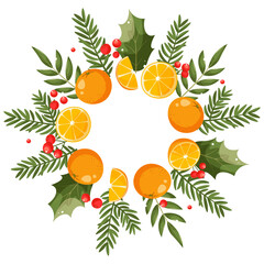 Wall Mural - Winter christmas decoration wreath with orange, red berries and pine twigs. Design for Holidays invitation card, poster, banner, greeting card, postcard, packaging, print. Vector illustration.