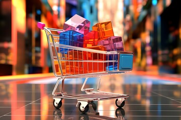 Wall Mural - a fully filled shopping cart with a colorful city background