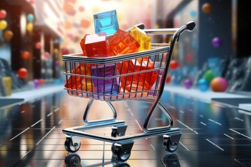 Wall Mural - a fully filled shopping cart with a colorful city background