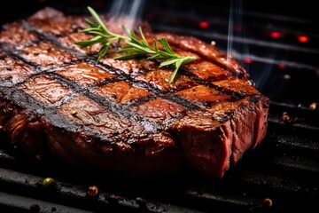 Grilled beef steaks with rosemary on the barbecue grill juicy steak with melted barbeque sauce on a black and blurry background