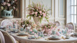 Showcase an impeccably set Easter brunch table, adorned with pastel decor and delectable dishes, inviting viewers to share in the elegance of the holiday.