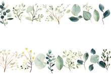 Herbal Eucalyptus Selection Vector Frame. Hand Painted Branches, Leaves On White Background. Greenery Wedding Simple Minimalist Invitation. Watercolor Style Card. Elements Are Isolated And Editable  