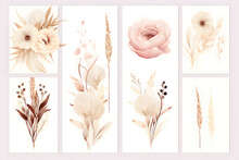 Flower Geometric Line Art Vector Design Frames. Wedding Watercolor Flowers. Ivory White Peony, Dusty Pink Blush Rose, Beige Magnolia, Lagarus, Pampas Grass, Dried Leaves Cards. Isolated And Editable  