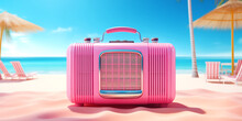 Radio Device On An Sandy Sea Beach. Pink Colored Radio On The Sand Near The Ocean Water. Red Radio Near A Palm Tree On A Empty Desert Island. Purple Radio Station. Copy Space For Text