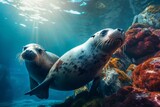 Fototapeta Łazienka - Two sea lions resting on a rock underwater, surrounded by rocks and water. Generative AI
