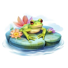 Wall Mural - Frog Floating on a Lily Pad Raft, watercolor for T-shirt Design.