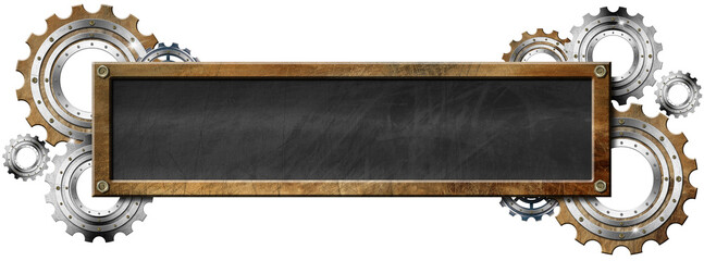 Empty blackboard with metal frame and copy space above a group of metallic cogwheels (gears), Isolated on white or transparent background. 3D illustration. Png.