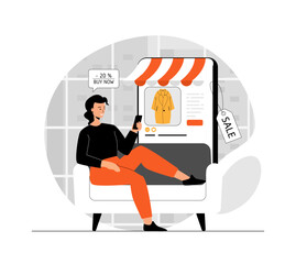 Wall Mural - Shopping online. Woman shopping online in mobile app. Ecommerce and retail concept. Illustration with people scene in flat design for website and mobile development.