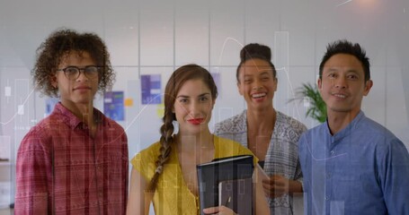 Canvas Print - Animation of statistical data processing against portrait of diverse colleagues smiling at office