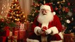 © Ilnaz Ismagilov - Smiling Santa is sitting in the living room, holding a gift box