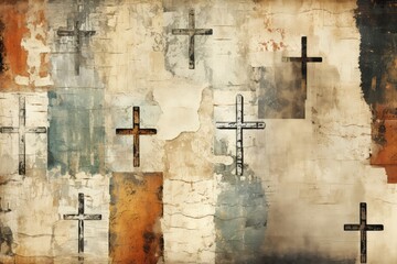 Crosses pattern on old grunge paper, abstract background, religion concept