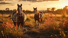 Thoroughbred Horses Grazing At Sunset In A Field. Agriculture Environment Illustration. Generative AI