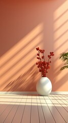 Wall Mural - Vertical blank warm lighting background. White and Wooden surface. Light and Shadow wallpaper. Background with shadow. Generative AI