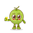 melon Fruit Cartoon Mascot Character Presenting And Holding Up A Glass Of Juice. Cute melon cartoon character holding a glass with juice.