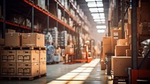 Warehouse Industry Blur Background With Logistic Wholesale Storehouse, Blurry Industrial Silo Interior Aisle For Furniture Merchandise Inventory And Wood Material, Construction Supplies Big Box Store