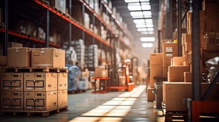 Poster - Warehouse industry blur background with logistic wholesale storehouse, blurry industrial silo interior aisle for furniture merchandise inventory and wood material, construction supplies big box store