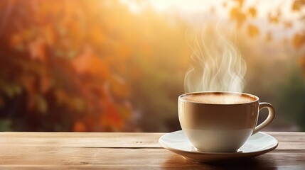 Aufkleber - Top view a cup of hot coffee with steaming above the cup setting on wooden table under morning light near the window, coffee background with copy space relaxing moment concept.