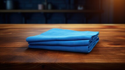 Poster - Blue folded kitchen napkin on wooden table. Towel on tabletop. Food advertisement design backdrop. Product display.