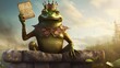 Frog prince with gold crown holding a blank vertical blank sign representing the fairy tale concept of change and transformation from an amphibian to royalty communicating an important message.
