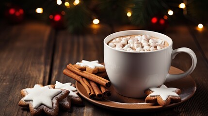 Aufkleber - Christmas homemade gingerbread cookie and cup of hot chocolate with marshmallow on wooden table. Christmas food and drink concept