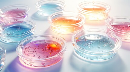 Wall Mural - serum in petri dishes on light background cosmetic research concept