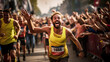 an accomplished marathon runner triumphantly crossing the finish line, greeted by the ecstatic cheers of a jubilant crowd